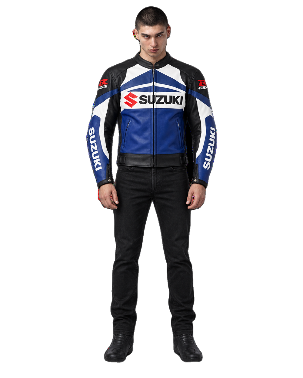 Customized Motorcycle Leather Jacket - ZMJ-054 front view on male model transparent background, centered cutout