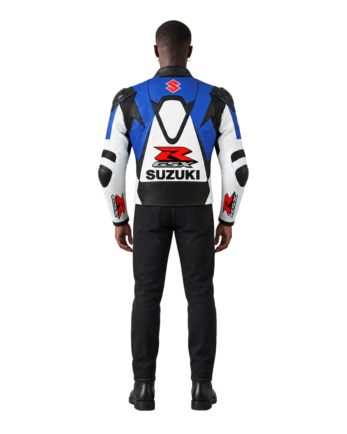 Customized Motorcycle Leather Jacket - ZMJ-055 back view on male model transparent background, centered cutout