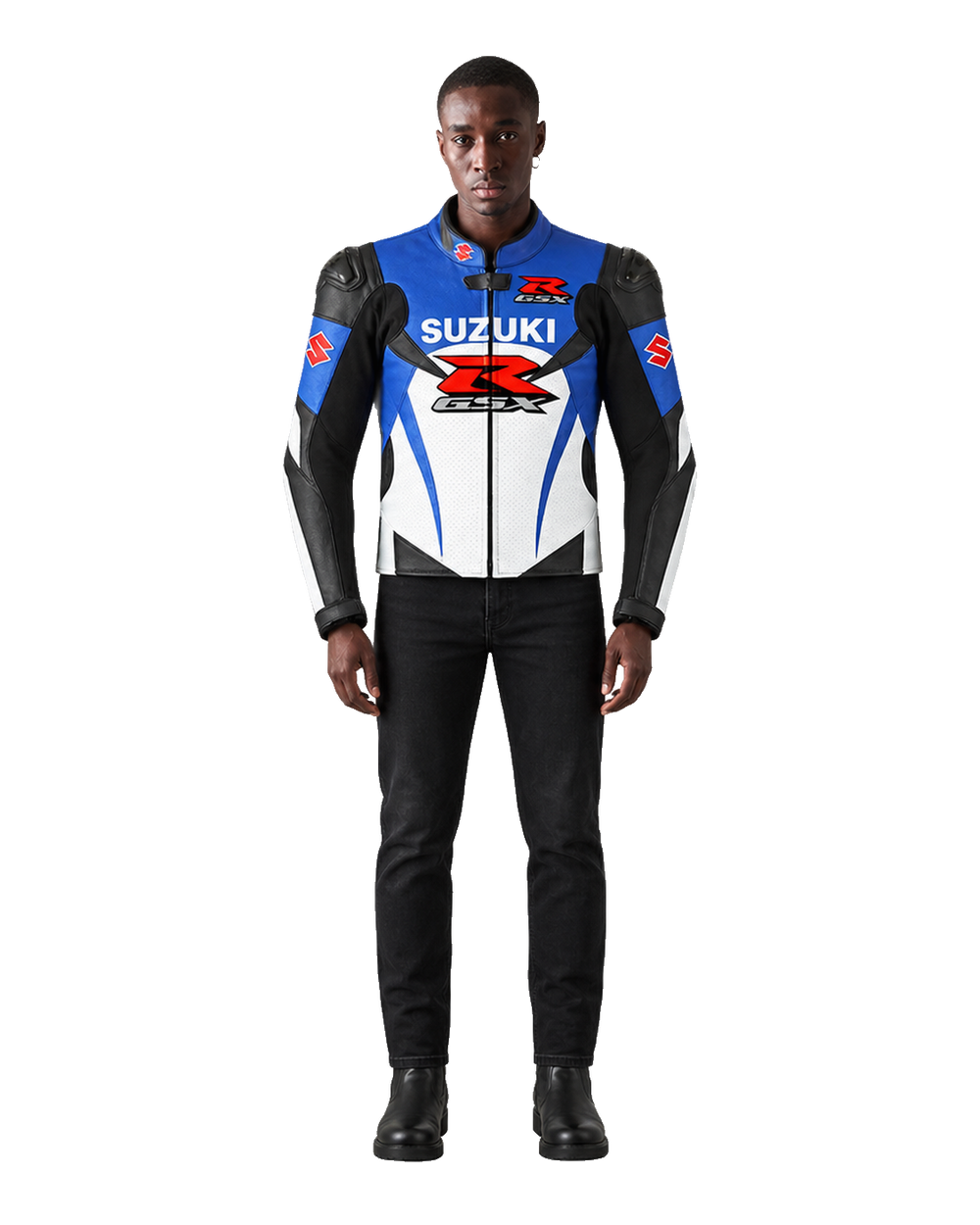 Customized Motorcycle Leather Jacket - ZMJ-055 front view on male model transparent background, centered cutout
