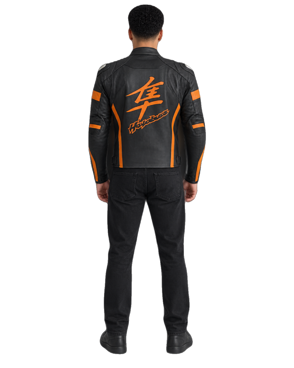 Customized Motorcycle Leather Jacket - ZMJ-056 back view on male model against transparent background with clean under-sleeve gaps