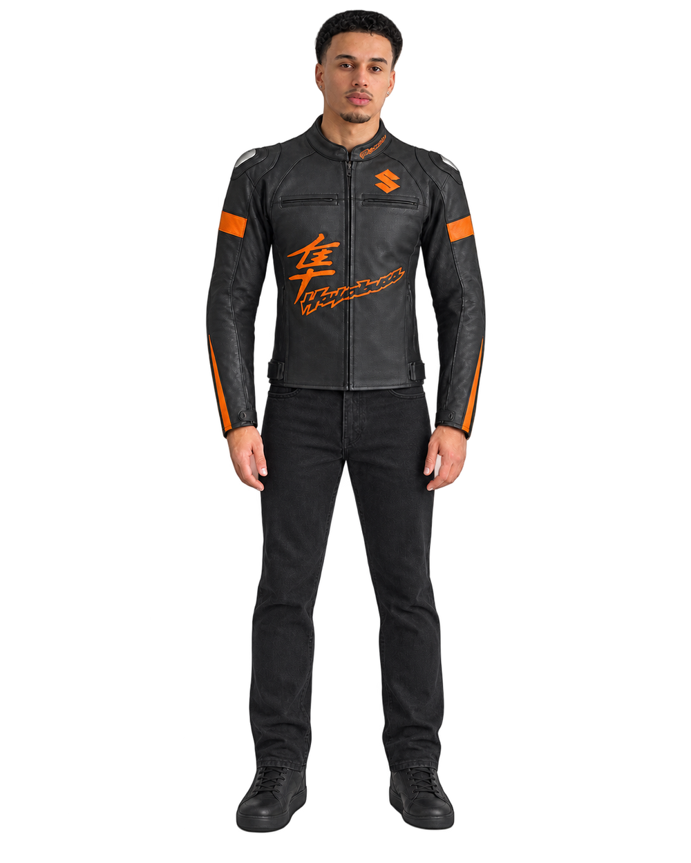 Customized Motorcycle Leather Jacket - ZMJ-056 front view on male model against transparent background with clean under-sleeve gaps
