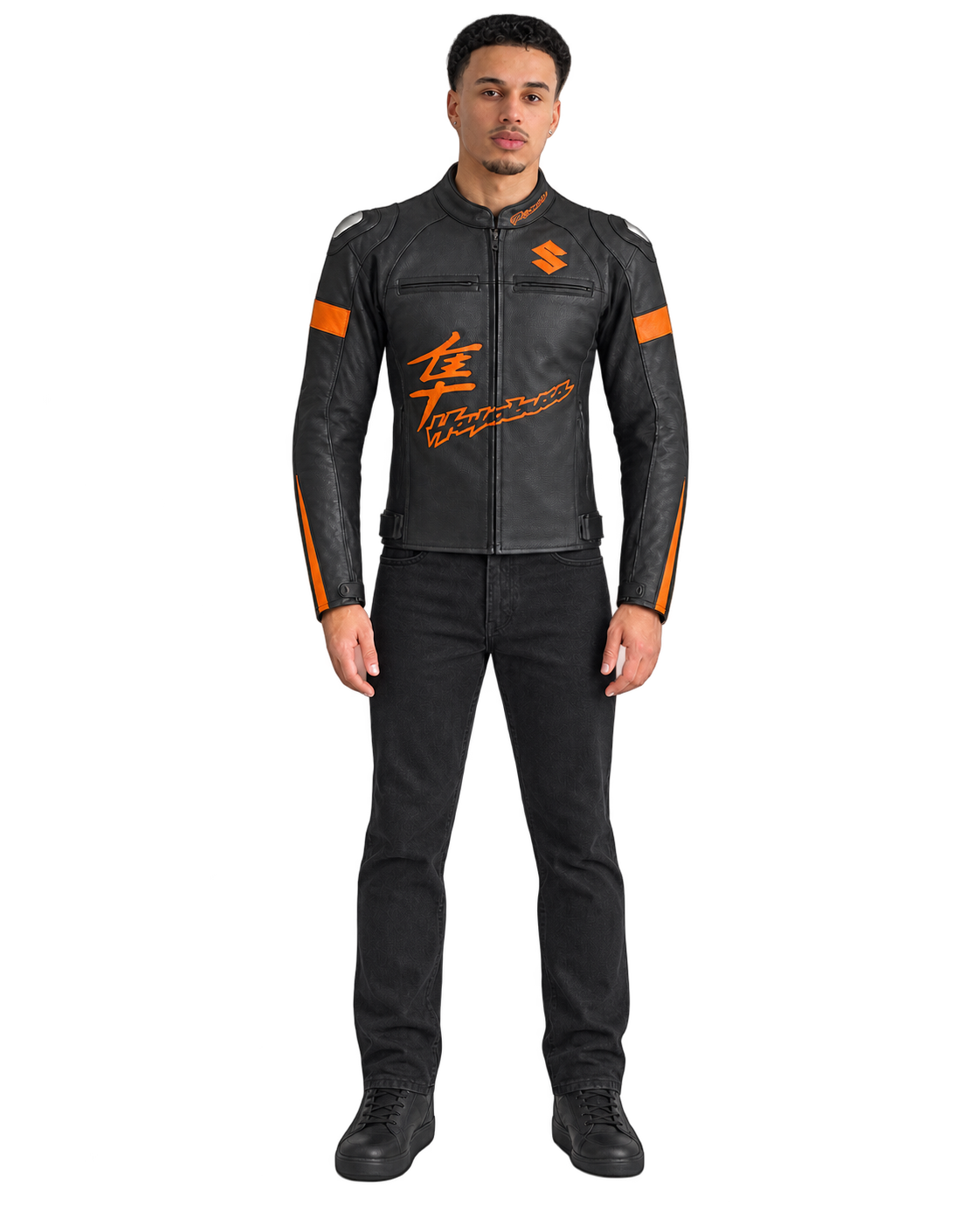 Customized Motorcycle Leather Jacket - ZMJ-056 front view on male model against transparent background with clean under-sleeve gaps