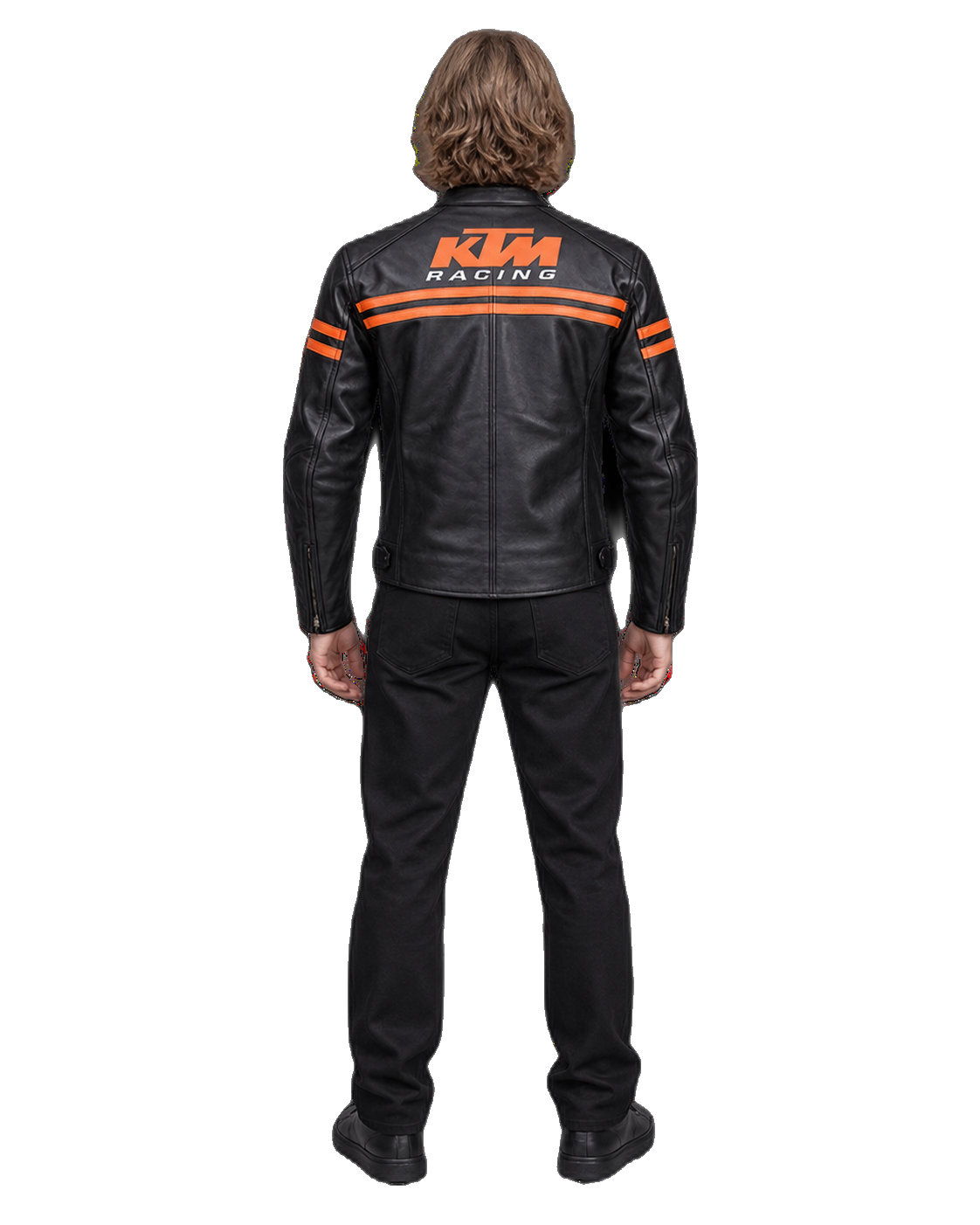 Customized Motorcycle Leather Jacket - ZMJ-057 back view on male model against transparent background with clean under-sleeve gaps