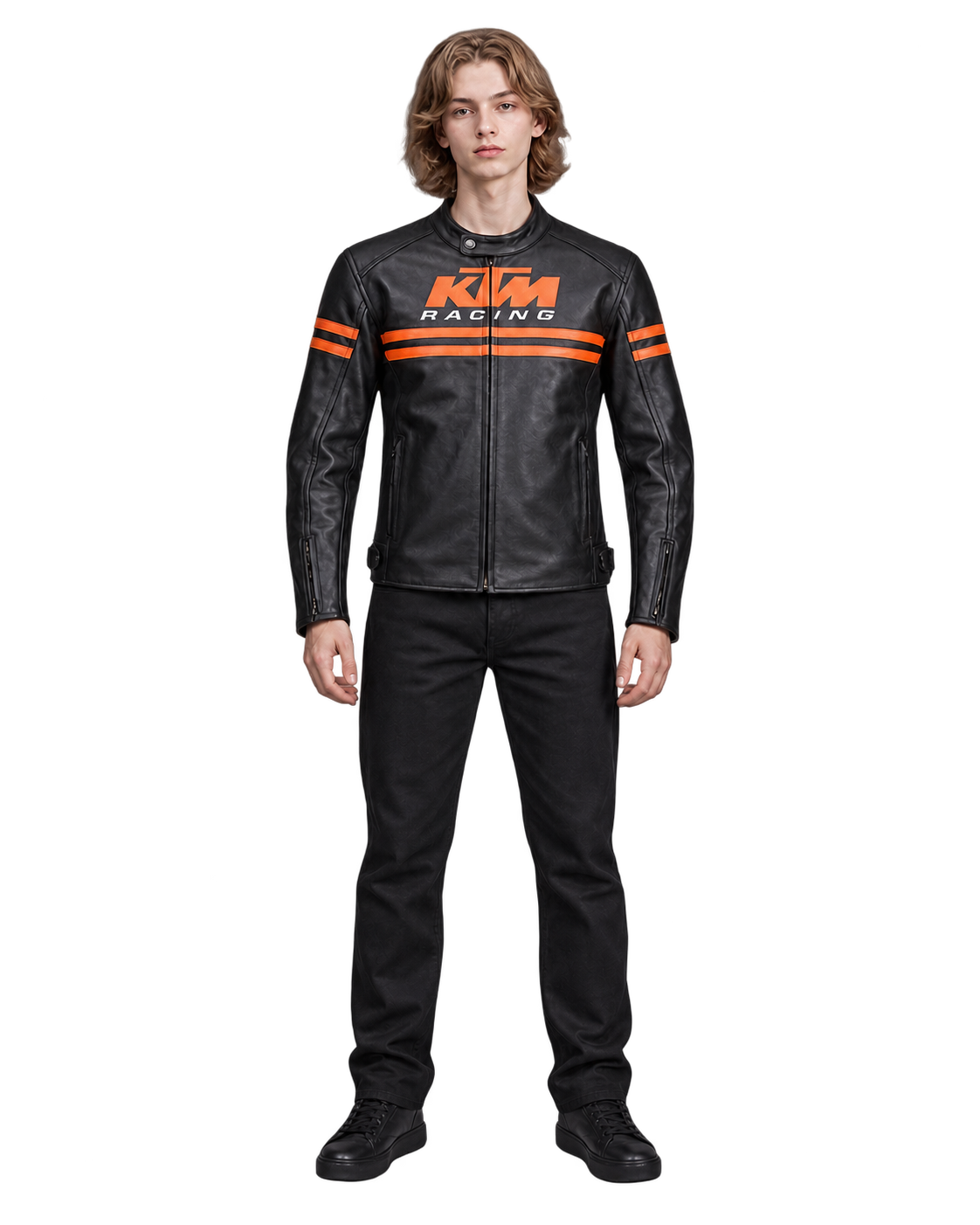 Customized Motorcycle Leather Jacket - ZMJ-057 front view on male model against transparent background with clean under-sleeve gaps