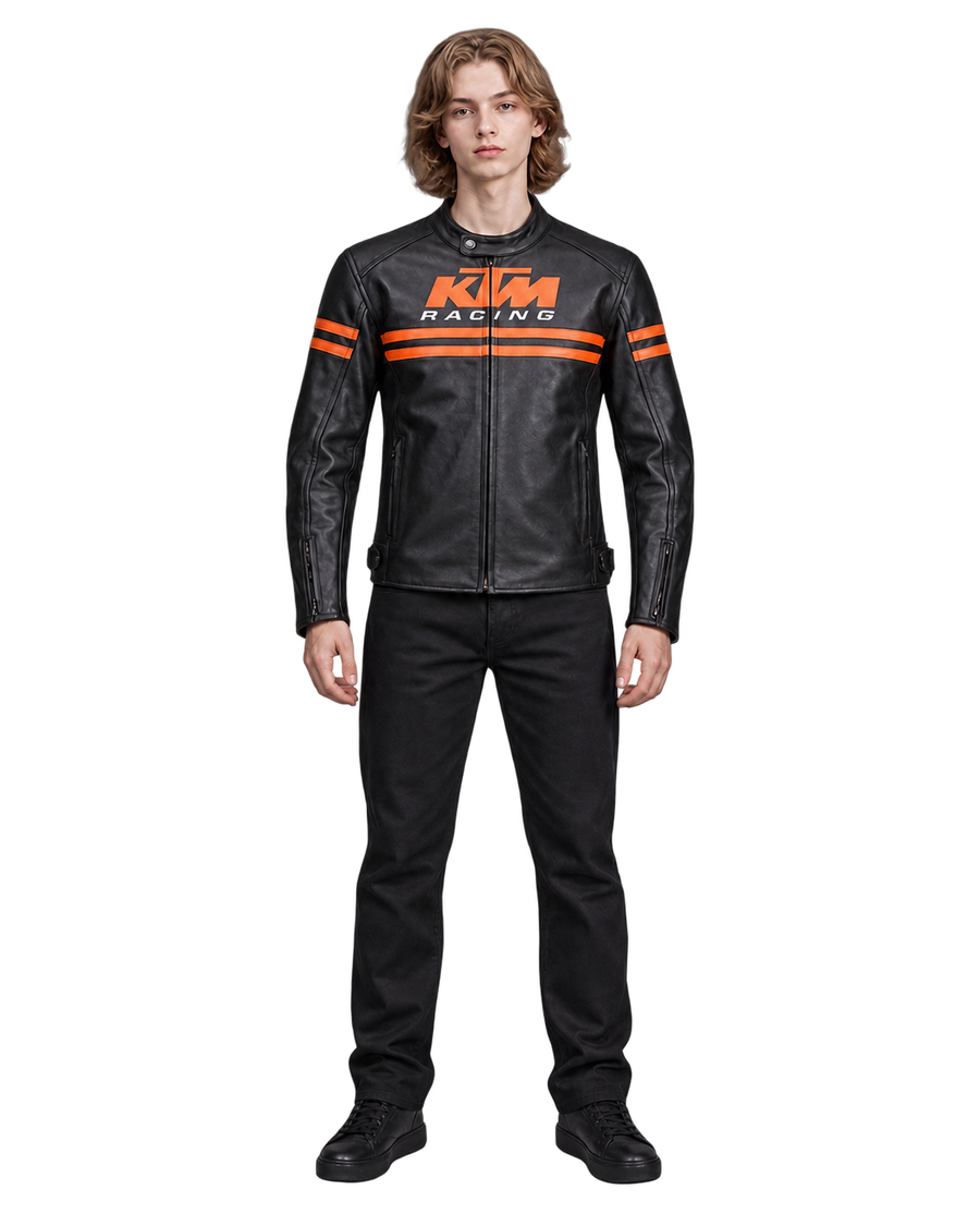 Customized Motorcycle Leather Jacket - ZMJ-057 front view on male model against transparent background with clean under-sleeve gaps