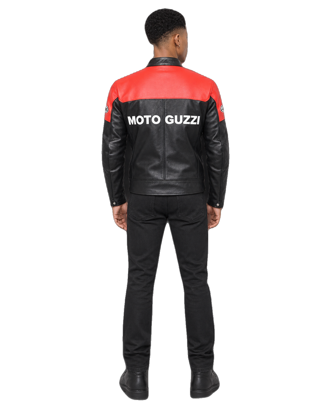 Customized Motorcycle Leather Jacket - ZMJ-058 back view on male model against transparent background with clean under-sleeve gaps