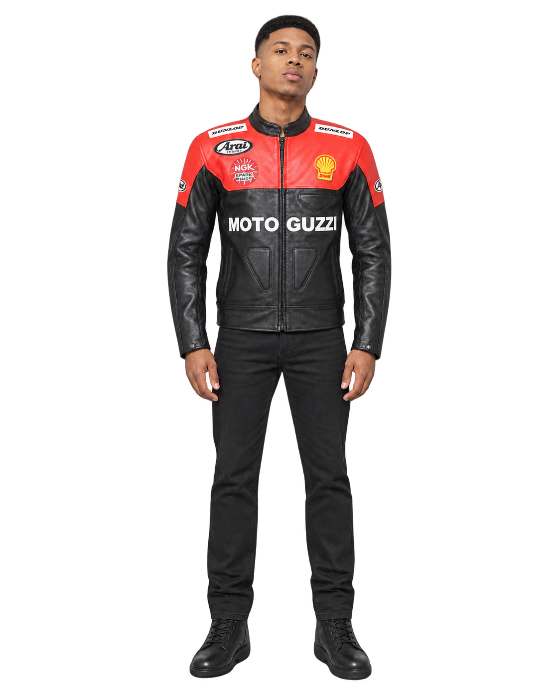 Customized Motorcycle Leather Jacket - ZMJ-058 front view on male model against transparent background with clean under-sleeve gaps