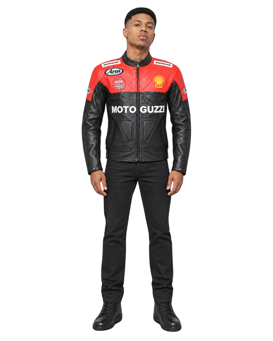 Customized Motorcycle Leather Jacket - ZMJ-058 front view on male model against transparent background with clean under-sleeve gaps