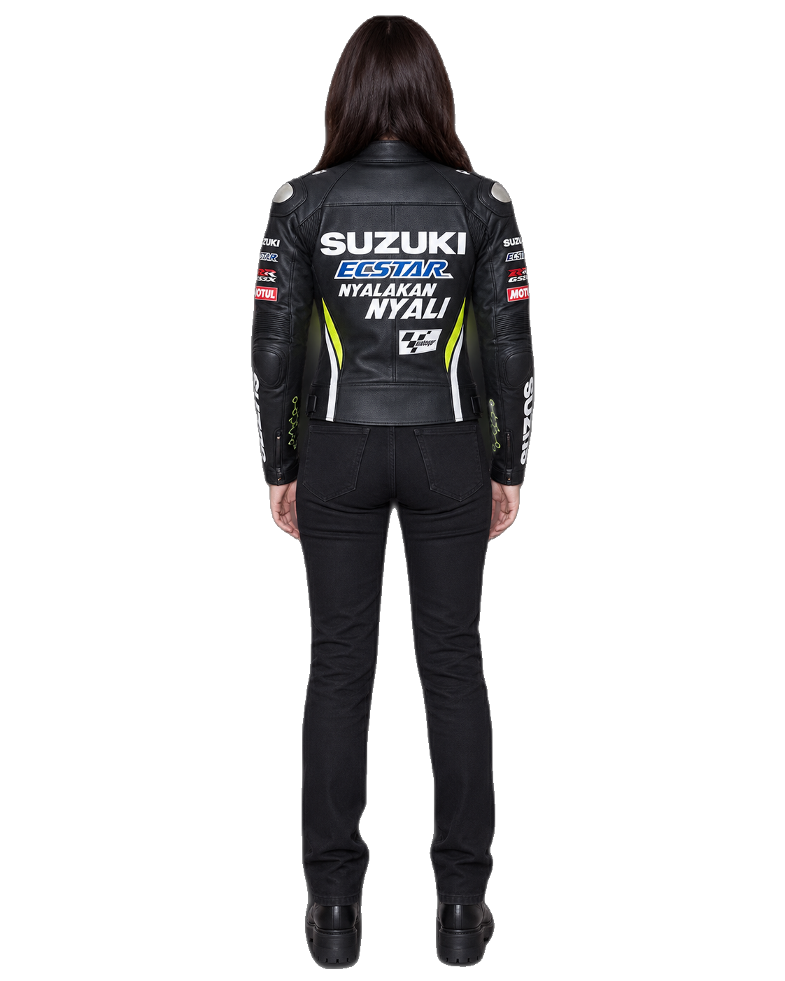 Customized Motorcycle Leather Jacket - ZMJ-059 back view on male model against transparent background with clean under-sleeve gaps