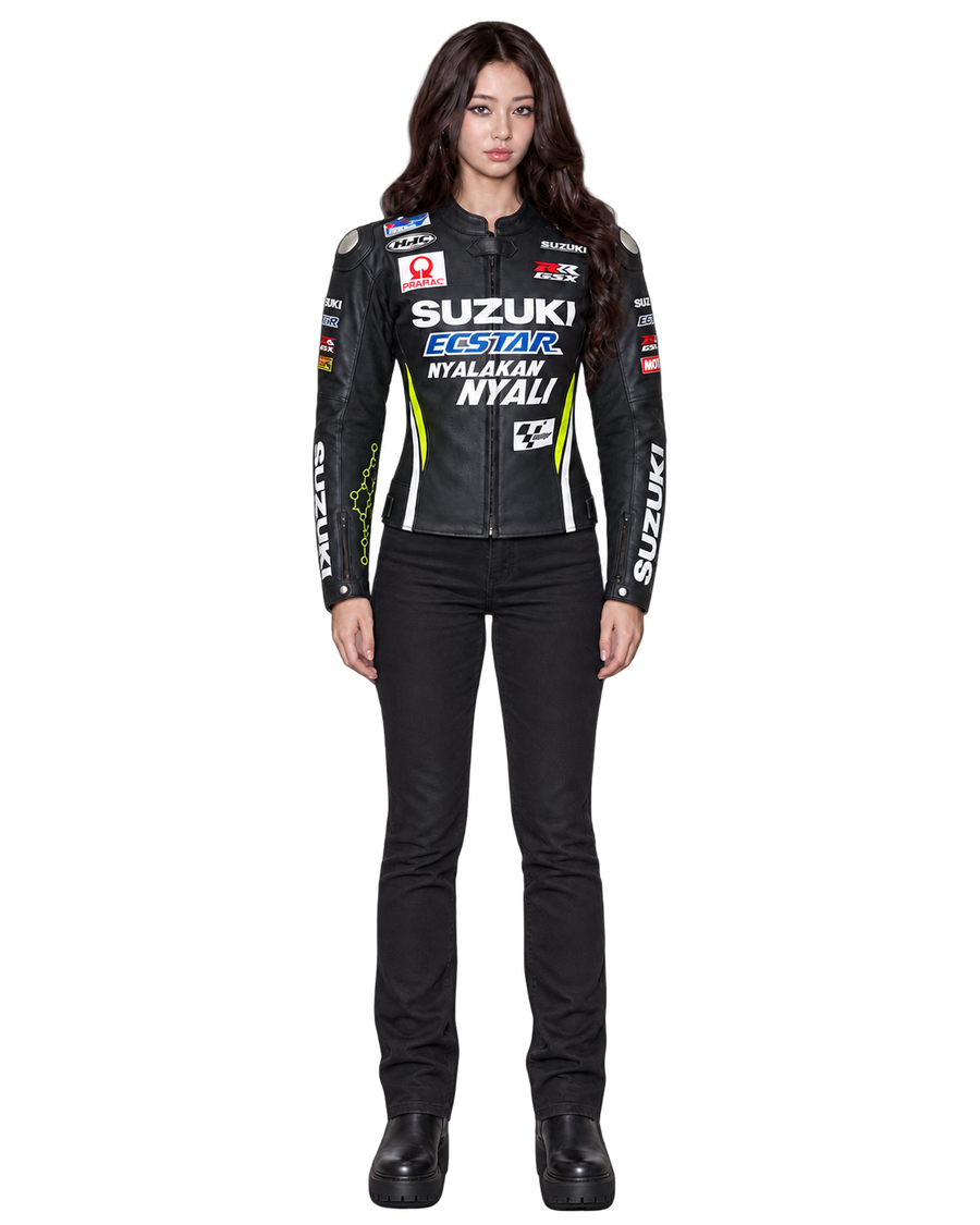 Customized Motorcycle Leather Jacket - ZMJ-059 front view on male model against transparent background with clean under-sleeve gaps