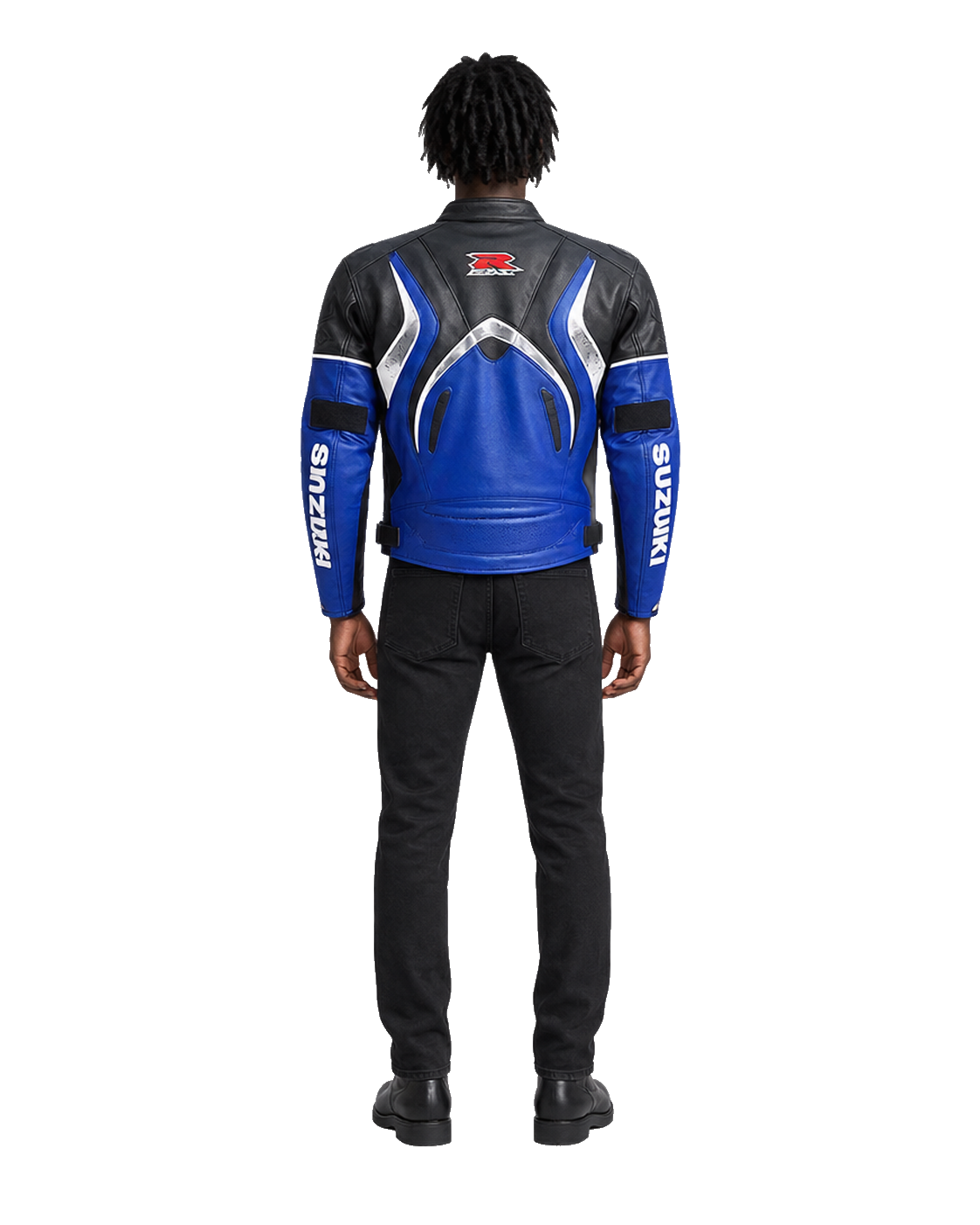Customized Motorcycle Leather Jacket - ZMJ-060 back view on male model transparent background, centered cutout