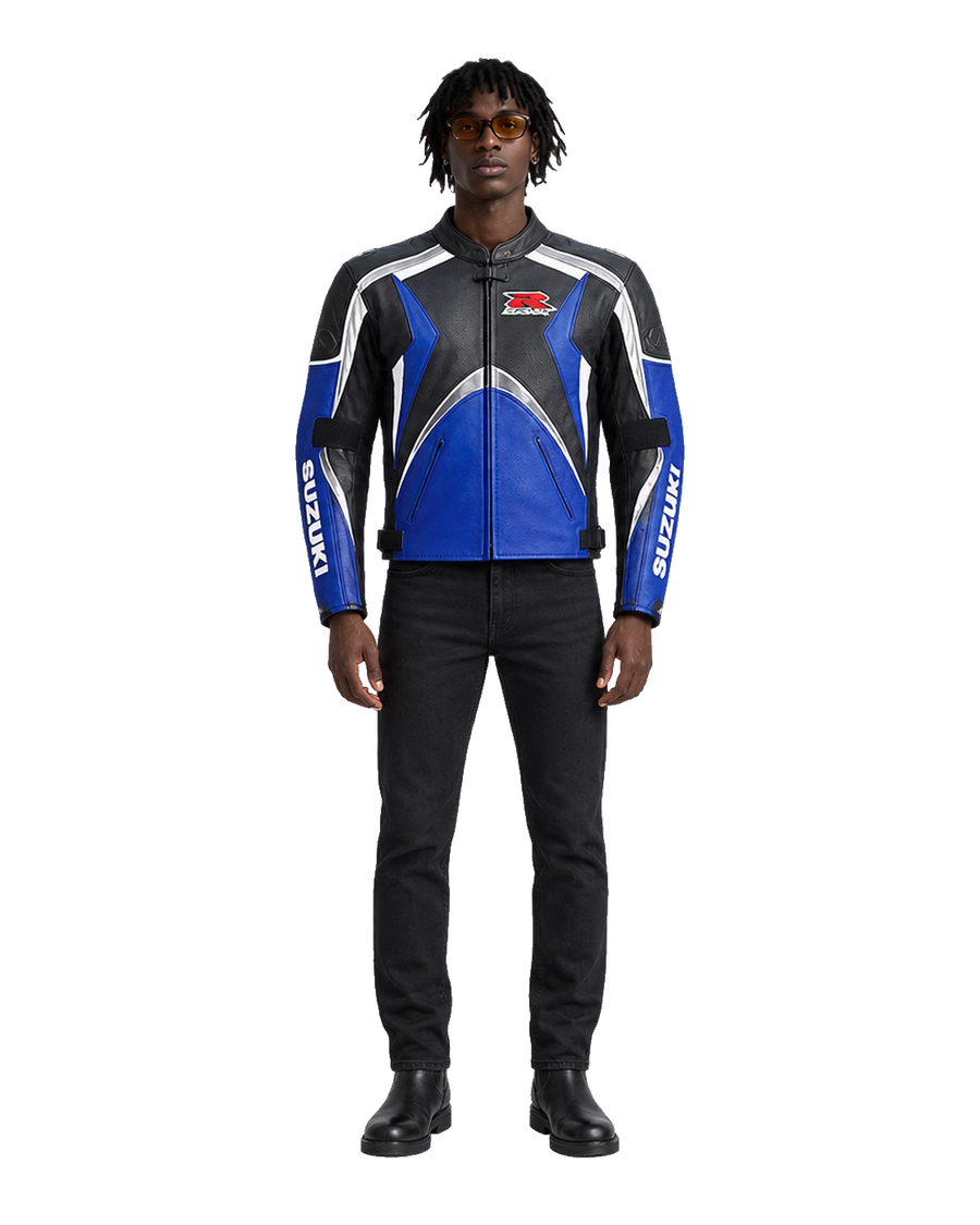 Customized Motorcycle Leather Jacket - ZMJ-060 front view on male model transparent background, centered cutout