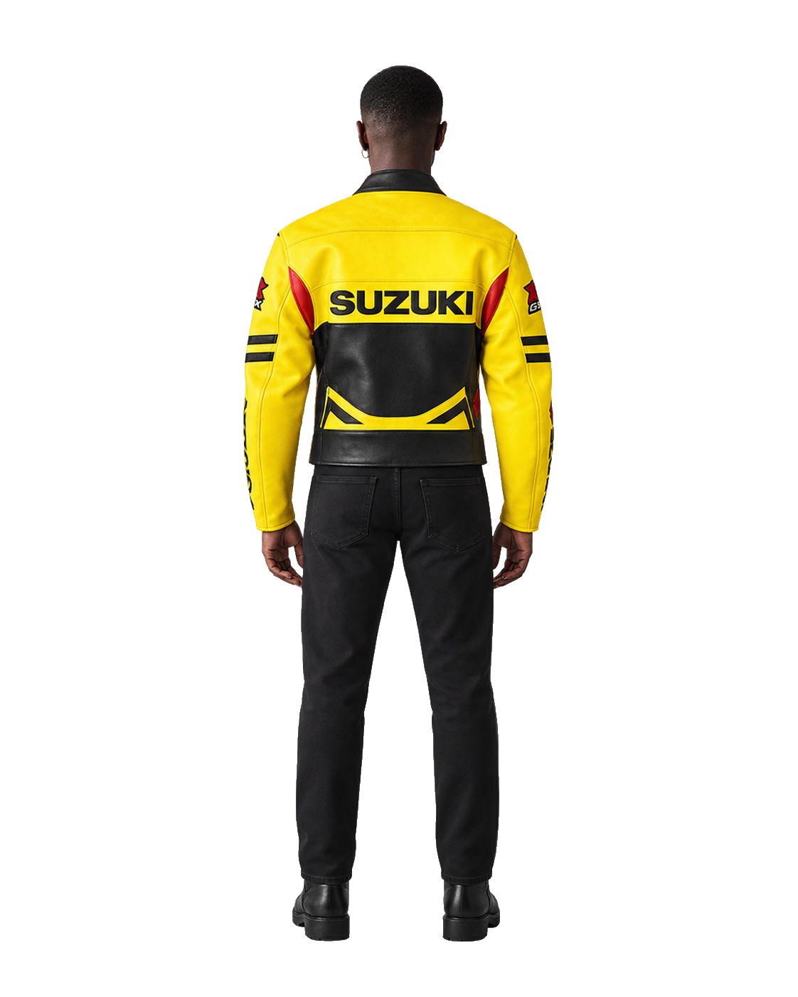 Customized Motorcycle Leather Jacket - ZMJ-062 back view on male model transparent background, centered cutout