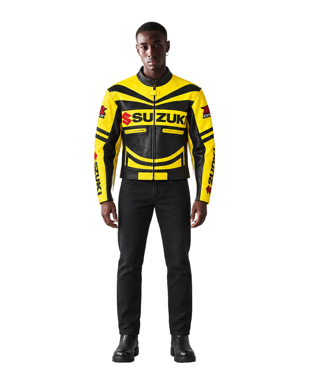 Customized Motorcycle Leather Jacket - ZMJ-062 front view on male model transparent background, centered cutout