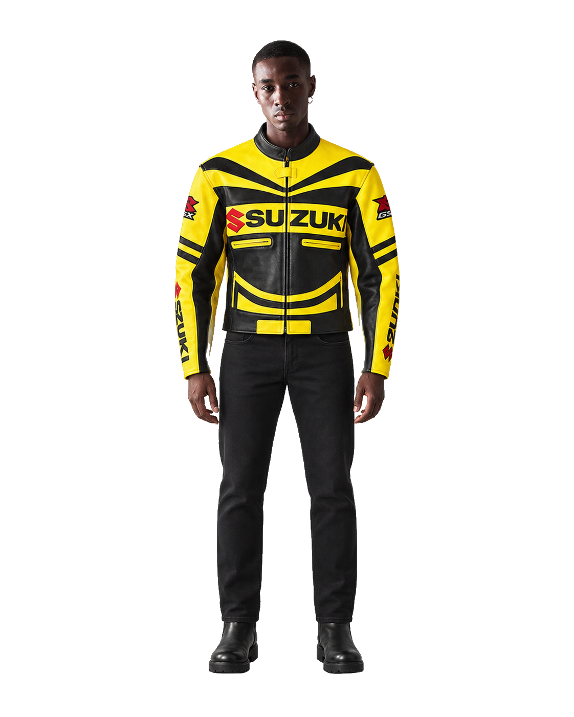 Customized Motorcycle Leather Jacket - ZMJ-062 front view on male model transparent background, centered cutout