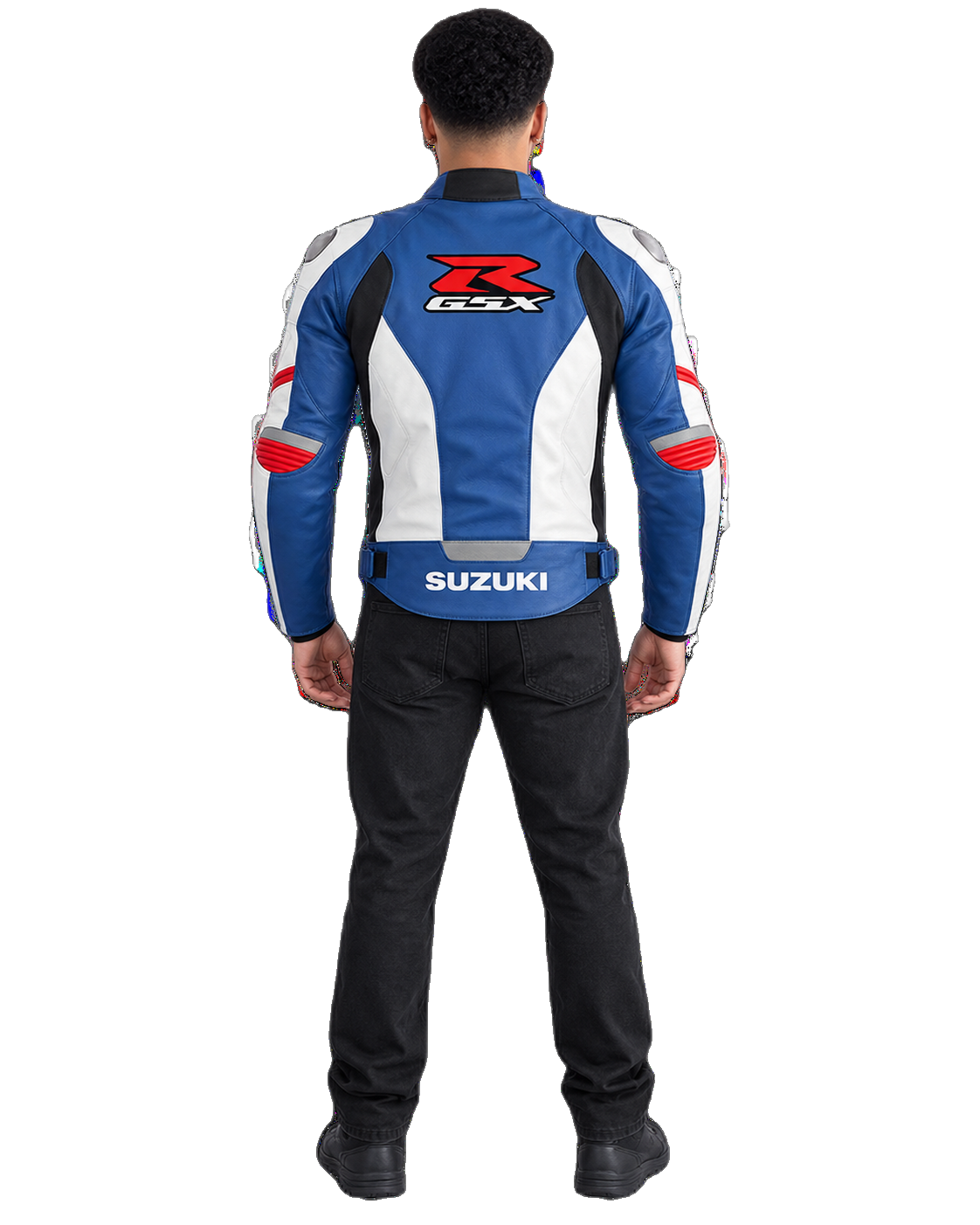 Customized Motorcycle Leather Jacket - ZMJ-063 back view on male model against transparent background with clean under-sleeve gaps