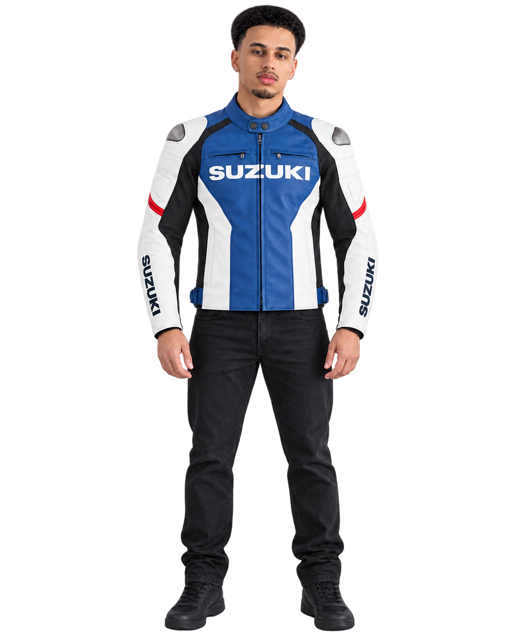Customized Motorcycle Leather Jacket - ZMJ-063 front view on male model against transparent background with clean under-sleeve gaps