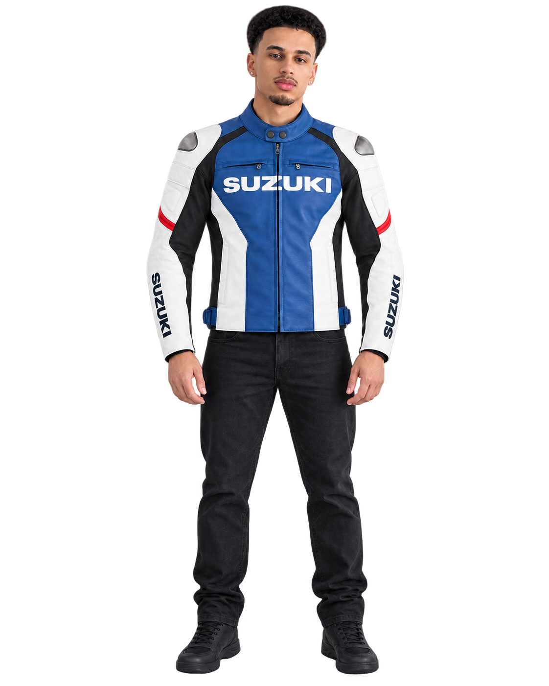 Customized Motorcycle Leather Jacket - ZMJ-063 front view on male model against transparent background with clean under-sleeve gaps