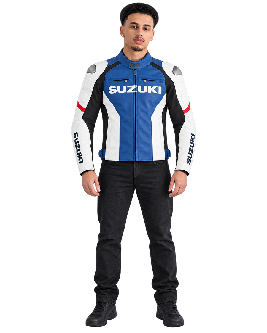 Customized Motorcycle Leather Jacket - ZMJ-063 front view on male model against transparent background with clean under-sleeve gaps