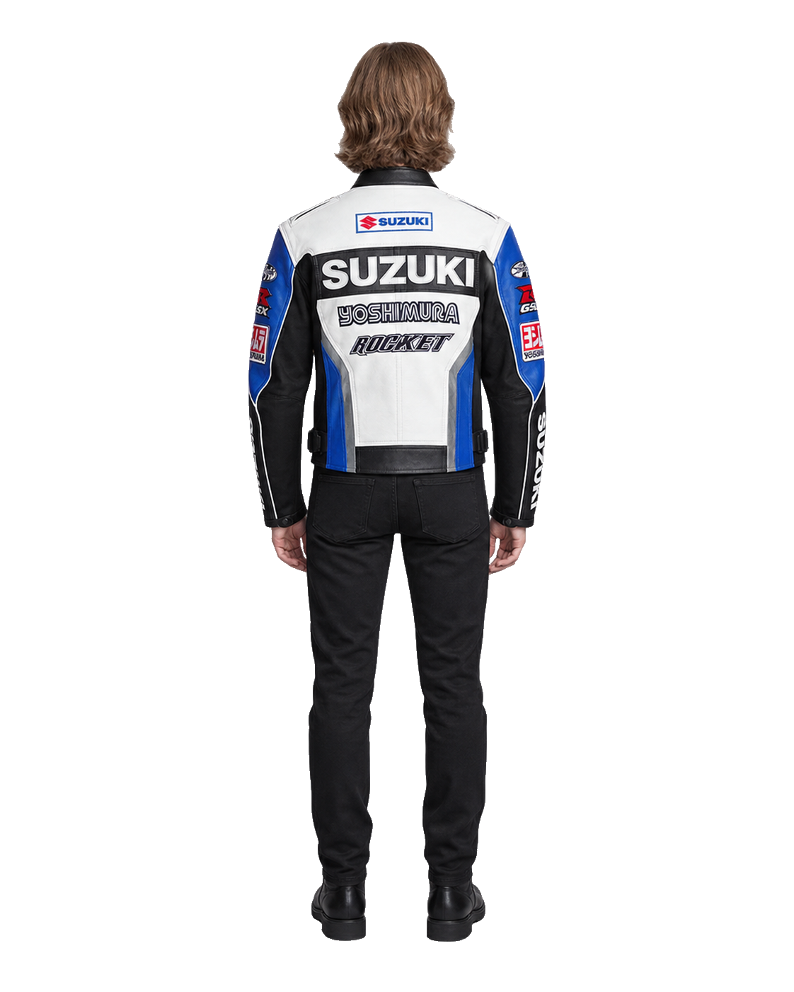 Customized Motorcycle Leather Jacket - ZMJ-064 back view on male model transparent background, centered cutout