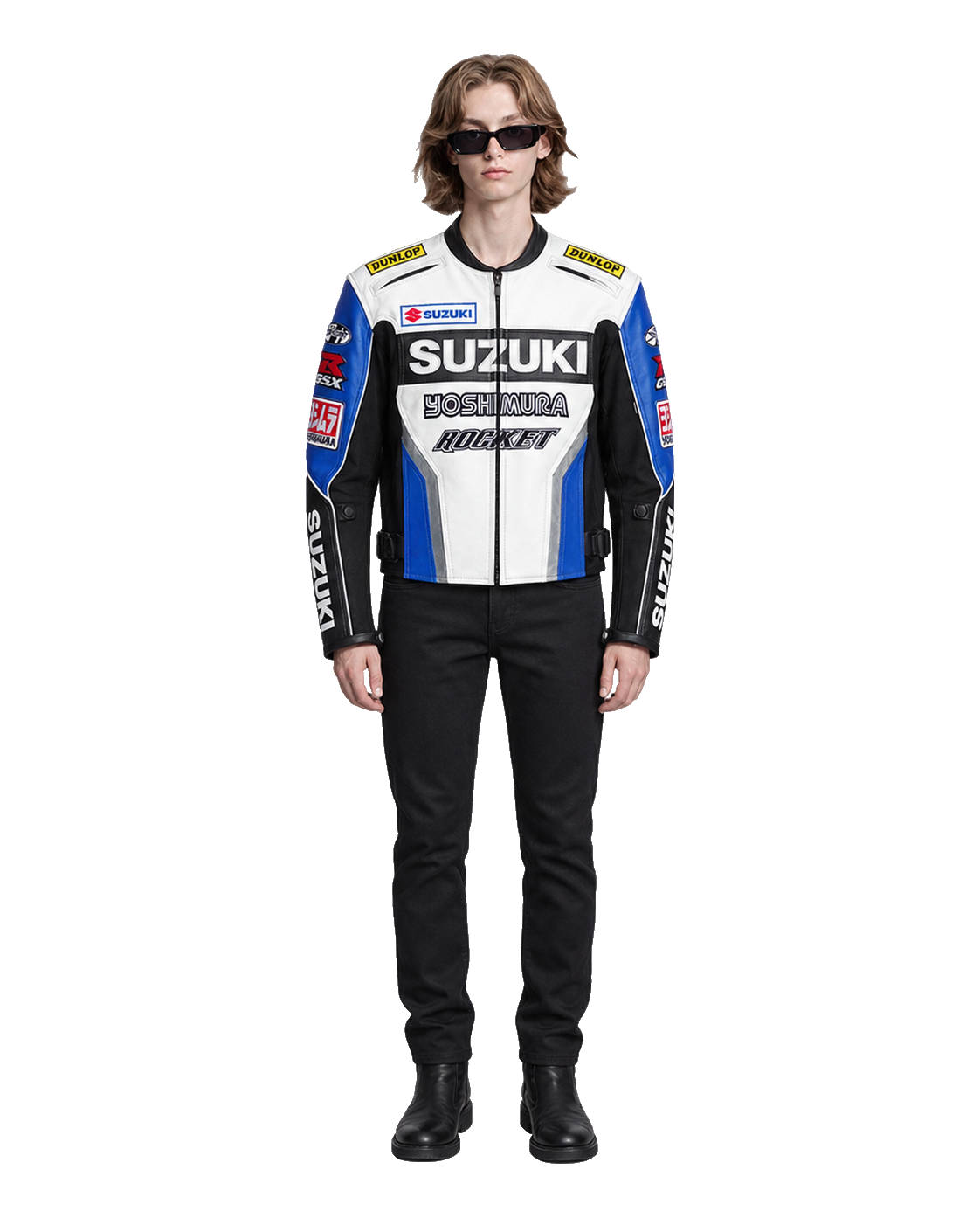 Customized Motorcycle Leather Jacket - ZMJ-064 front view on male model transparent background, centered cutout
