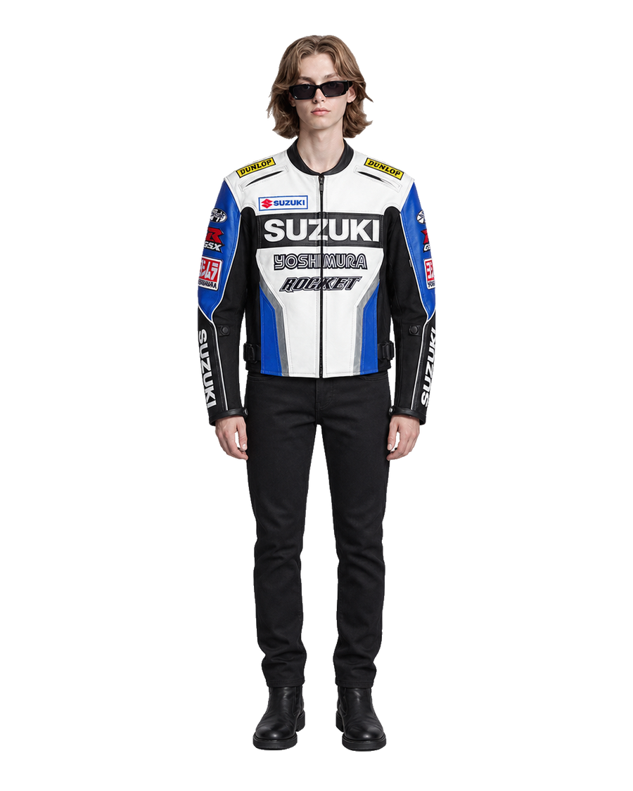 Customized Motorcycle Leather Jacket - ZMJ-064 front view on male model transparent background, centered cutout