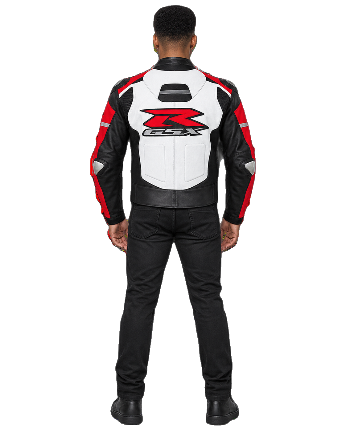Customized Motorcycle Leather Jacket - ZMJ-065 back view on male model against transparent background with clean under-sleeve gaps