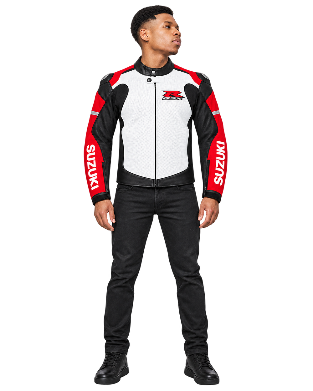 Customized Motorcycle Leather Jacket - ZMJ-065 front view on male model against transparent background with clean under-sleeve gaps