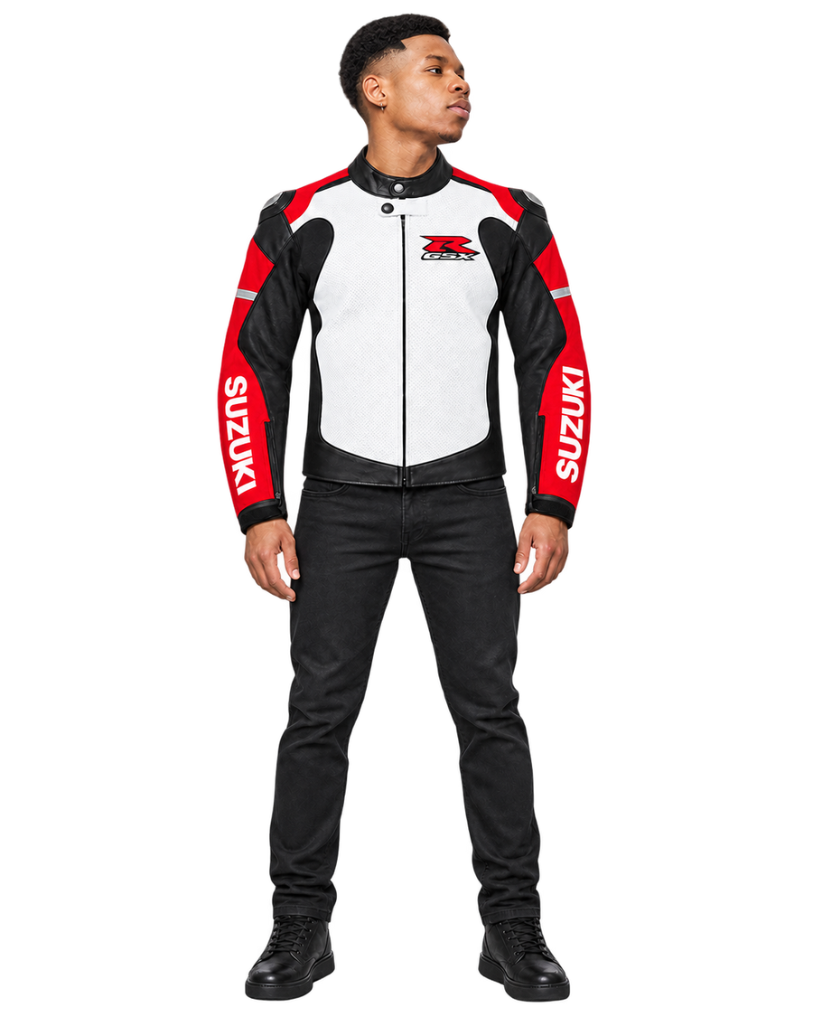 Customized Motorcycle Leather Jacket - ZMJ-065 front view on male model against transparent background with clean under-sleeve gaps