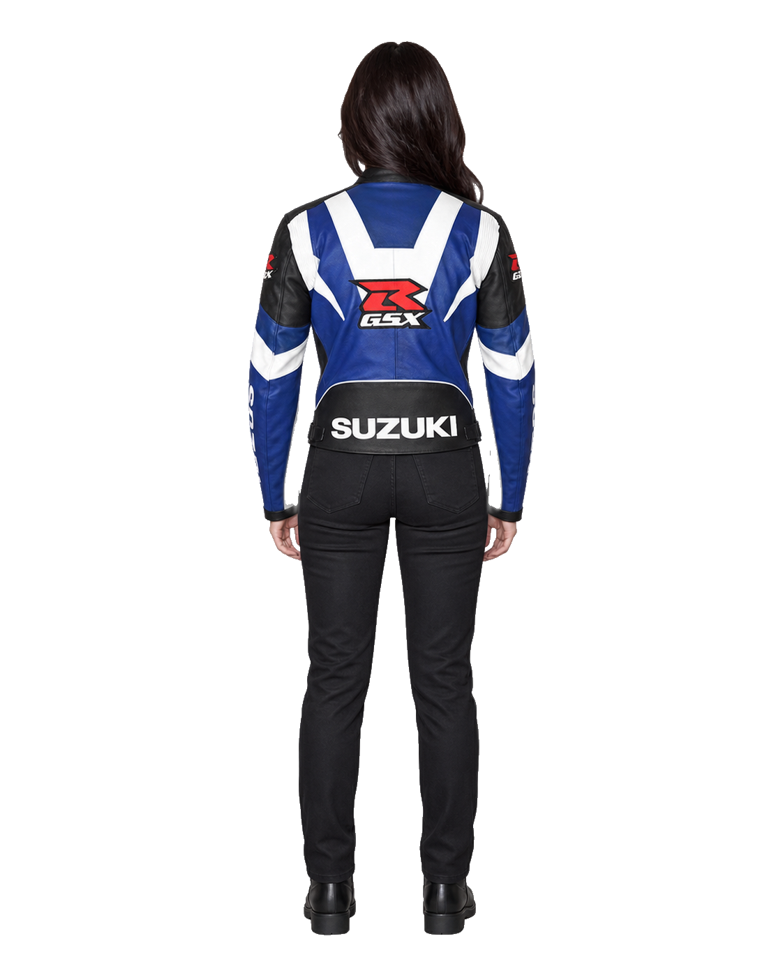 Customized Motorcycle Leather Jacket - ZMJ-066 back view on male model transparent background, centered cutout