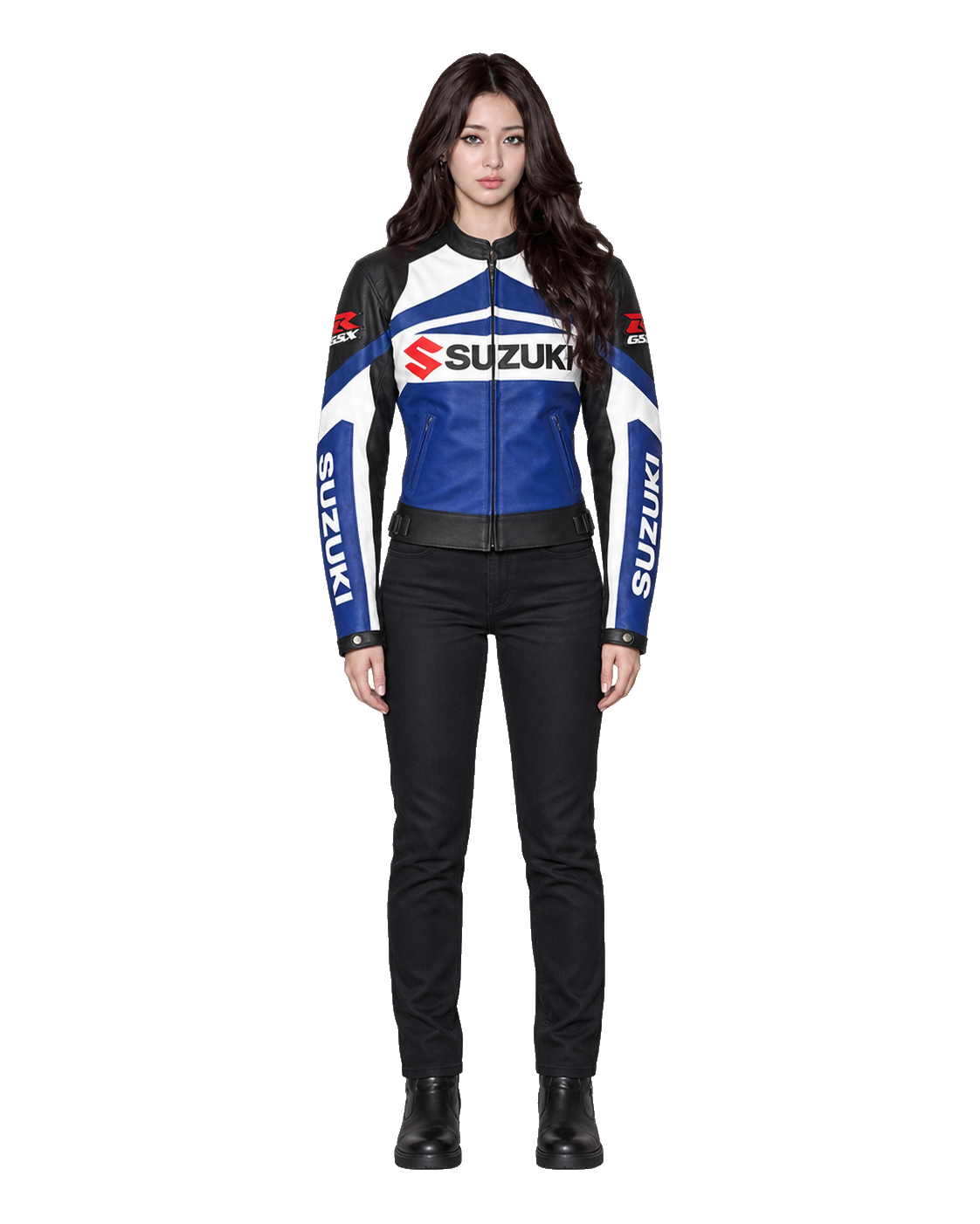 Customized Motorcycle Leather Jacket - ZMJ-066 front view on male model transparent background, centered cutout