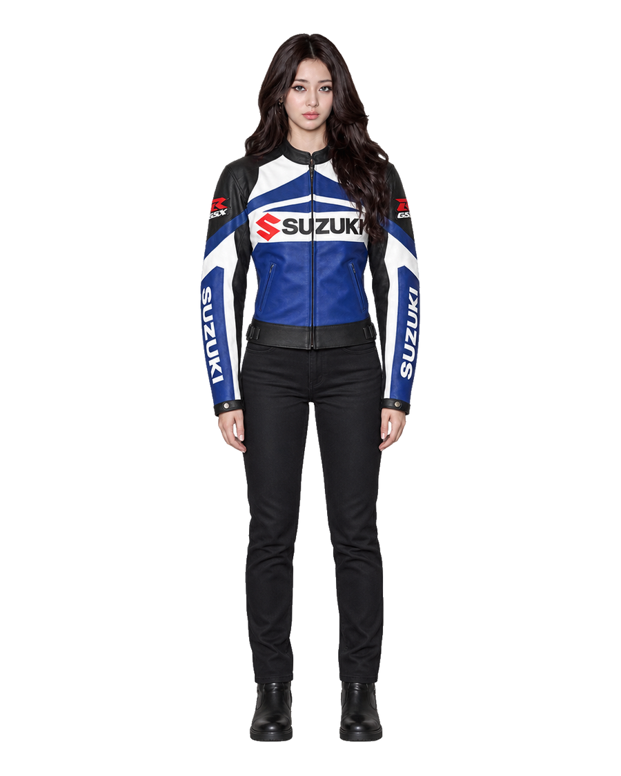 Customized Motorcycle Leather Jacket - ZMJ-066 front view on male model transparent background, centered cutout
