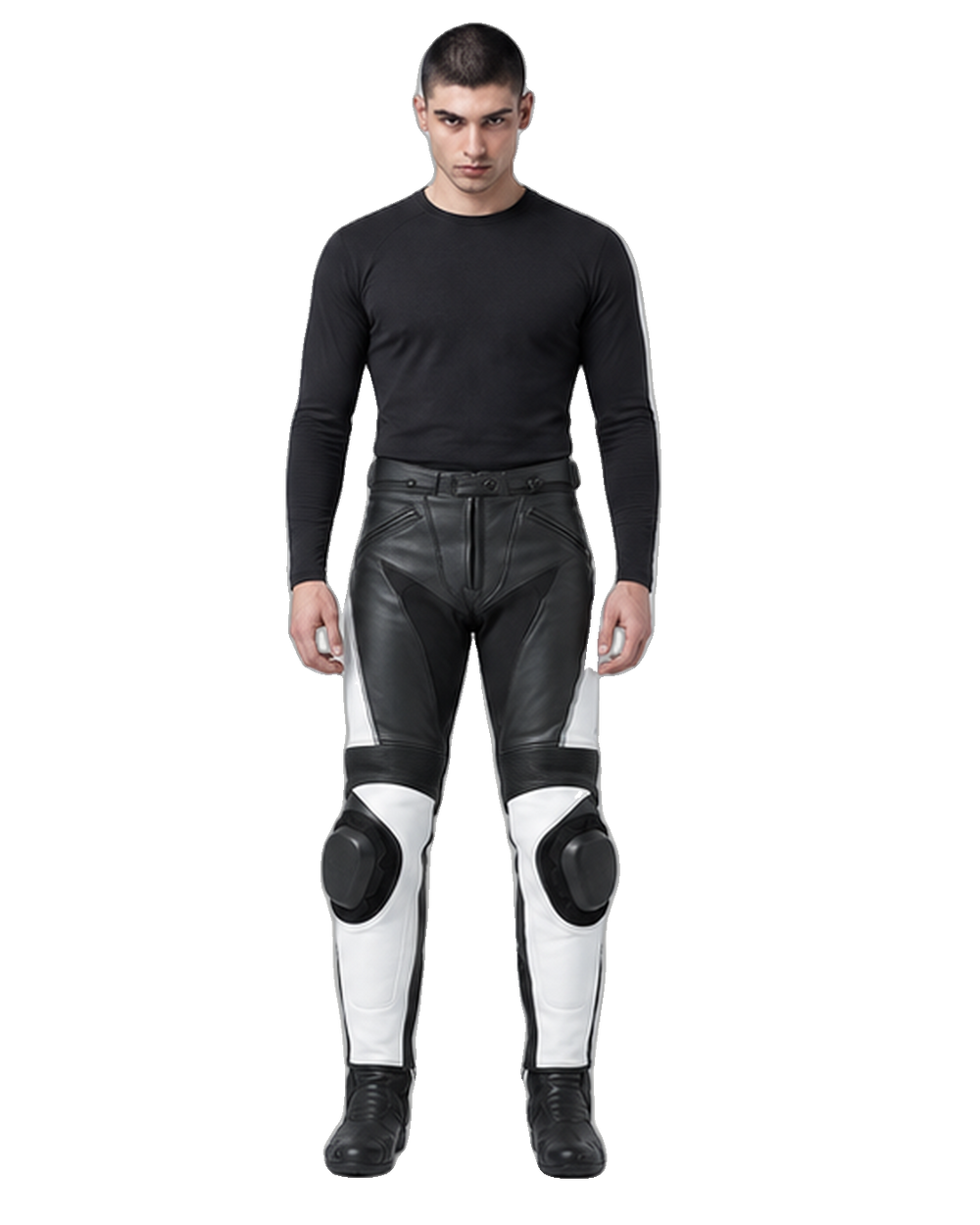Custom Motorcycle Leather Pants - ZMP-001 front view on male model on transparent background