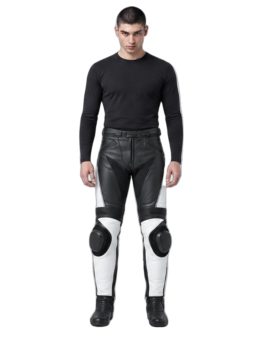 Custom Motorcycle Leather Pants - ZMP-001 front view on male model on transparent background