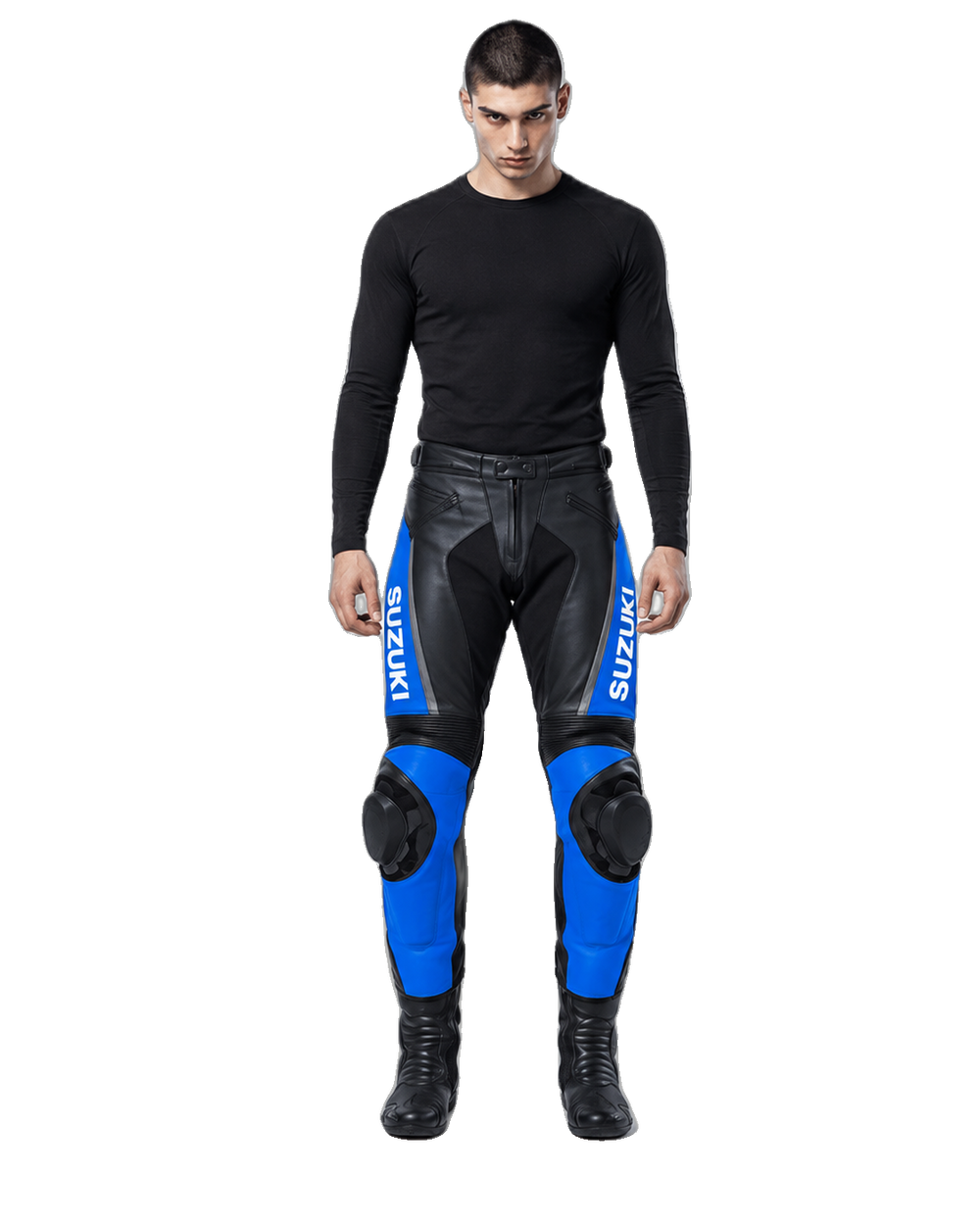Custom Motorcycle Leather Pants - ZMP-002 front view on male model on transparent background