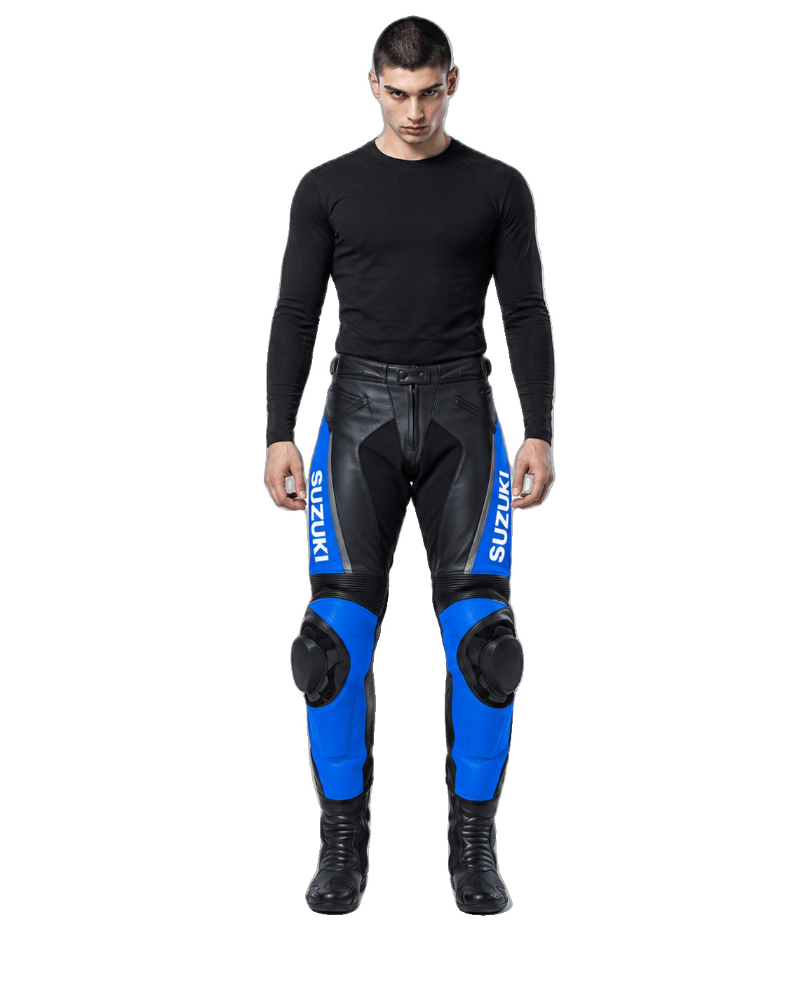 Custom Motorcycle Leather Pants - ZMP-002 front view on male model on transparent background