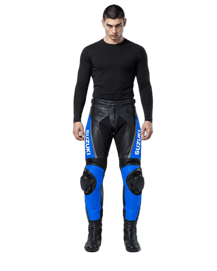 Custom Motorcycle Leather Pants - ZMP-002 front view on male model on transparent background