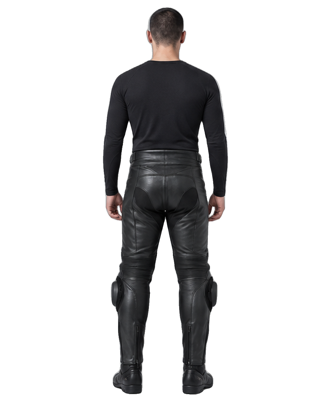Custom Motorcycle Leather Pants - ZMP-003 back view on male model on transparent background