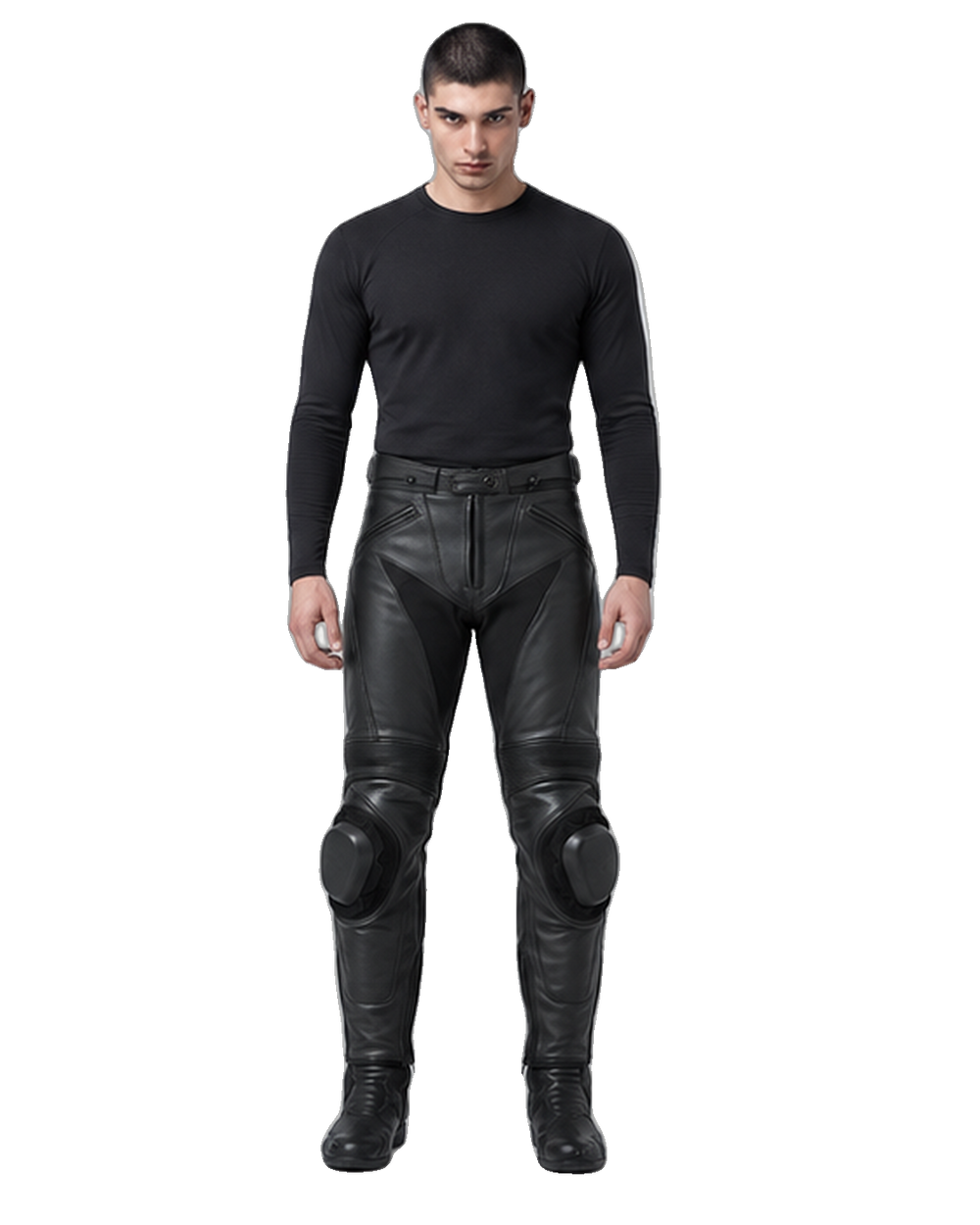 Custom Motorcycle Leather Pants - ZMP-003 front view on male model on transparent background