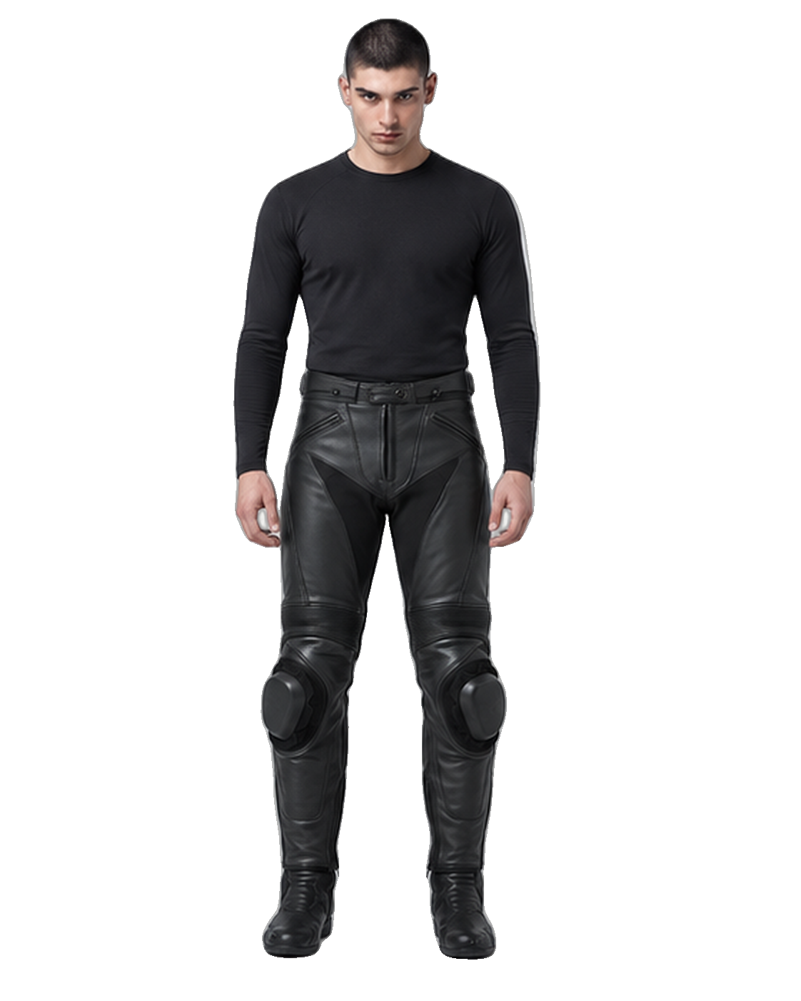 Custom Motorcycle Leather Pants - ZMP-003 front view on male model on transparent background