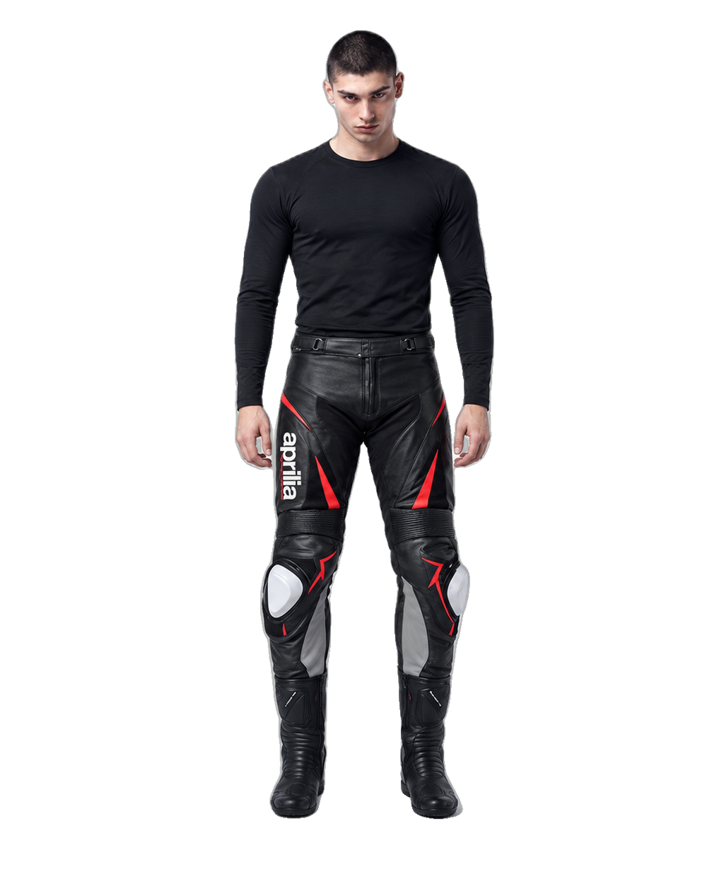 Custom Motorcycle Leather Pants - ZMP-004 front view on male model on transparent background