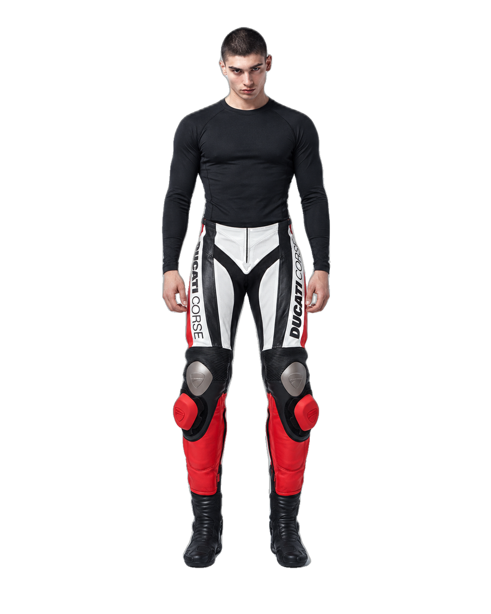 Custom Motorcycle Leather Pants - ZMP-005 front view on male model on transparent background