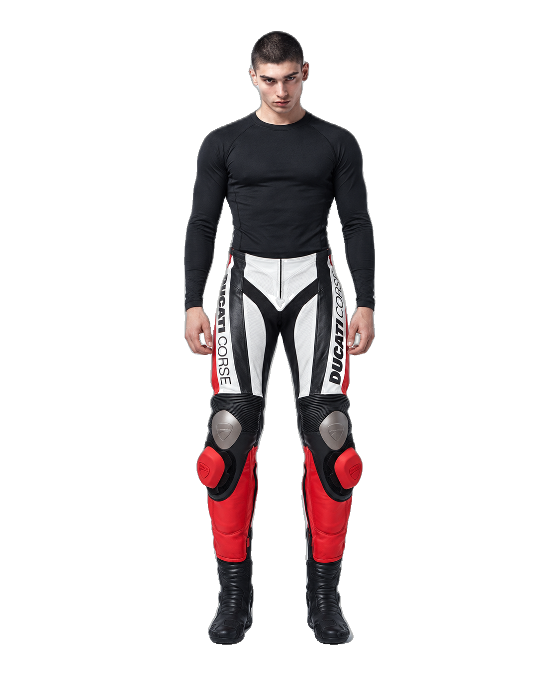 Custom Motorcycle Leather Pants - ZMP-005 front view on male model on transparent background