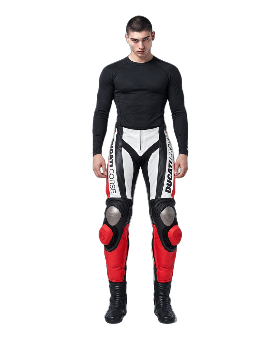 Custom Motorcycle Leather Pants - ZMP-005 front view on male model on transparent background