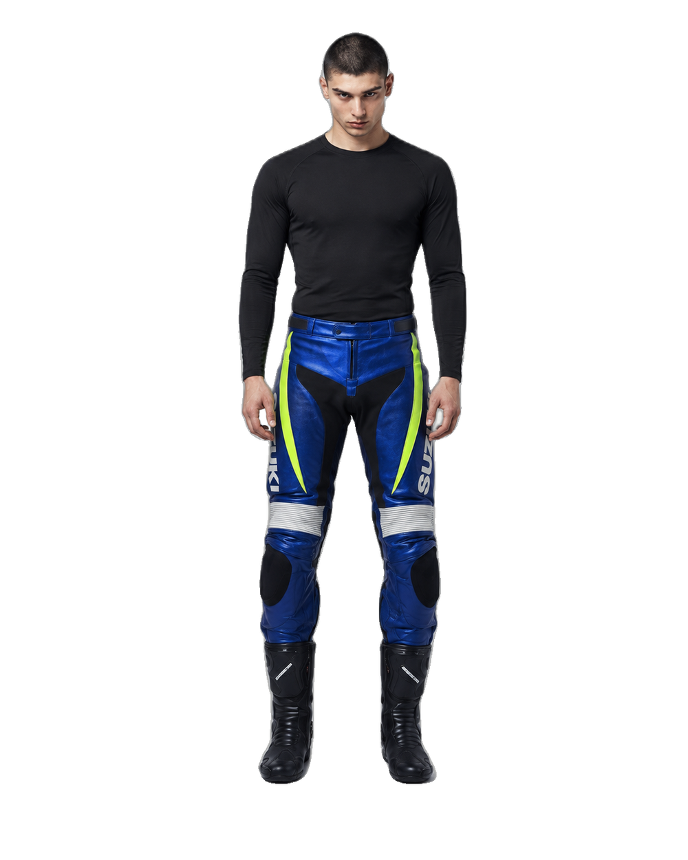 Custom Motorcycle Leather Pants - ZMP-007 front view on male model on transparent background