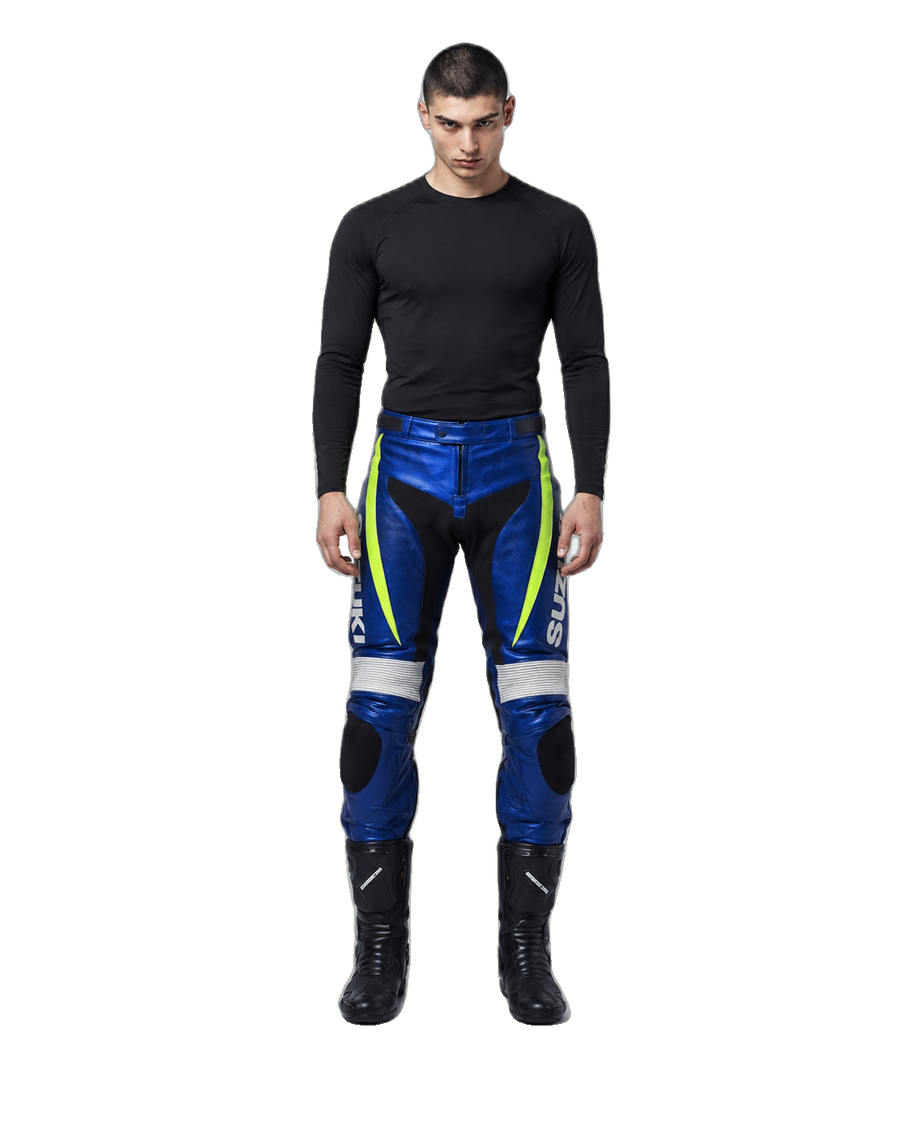 Custom Motorcycle Leather Pants - ZMP-007 front view on male model on transparent background