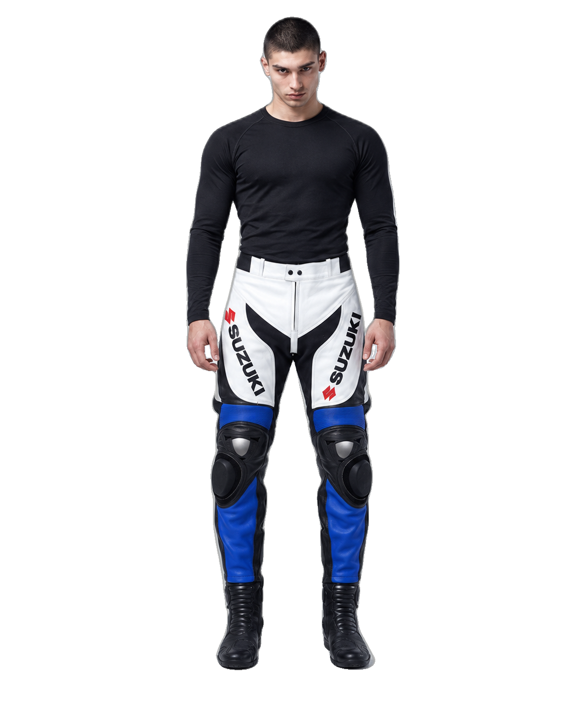 Custom Motorcycle Leather Pants - ZMP-008 front view on male model on transparent background