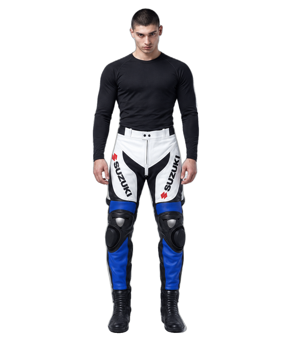 Custom Motorcycle Leather Pants - ZMP-008 front view on male model on transparent background