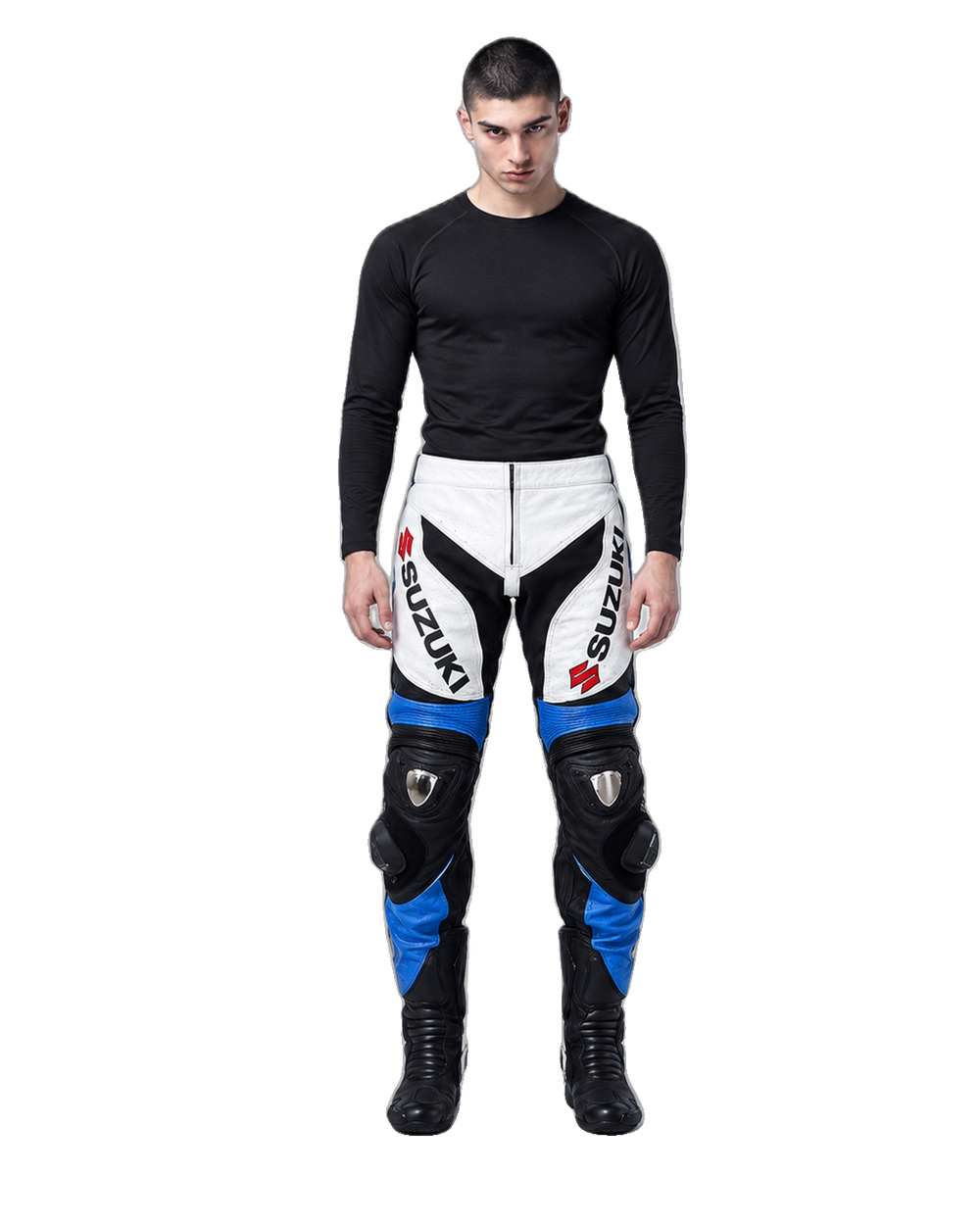 Custom Motorcycle Leather Pants - ZMP-009 front view on male model on transparent background