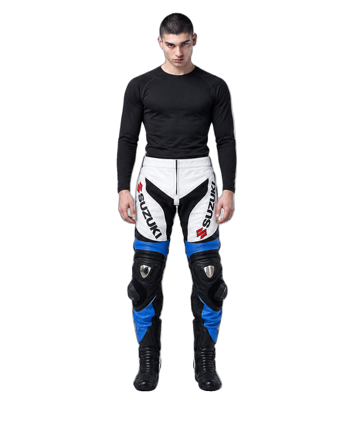 Custom Motorcycle Leather Pants - ZMP-009 front view on male model on transparent background